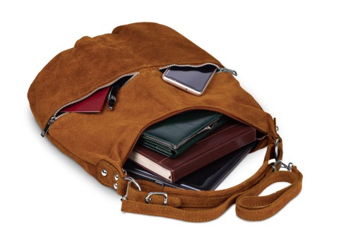 Torba Skórzana Vera Pelle Zamszowy Worek Koniak