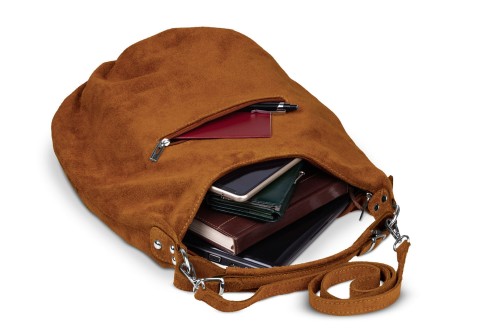 Torba Skórzana Vera Pelle Zamszowy Worek Koniak