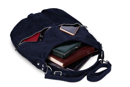 Torba Skórzana Vera Pelle Zamszowy Worek Granatowa