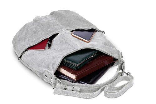 Torba Skórzana Vera Pelle Zamszowy Worek Szara