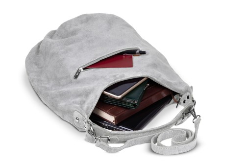 Torba Skórzana Vera Pelle Zamszowy Worek Szara