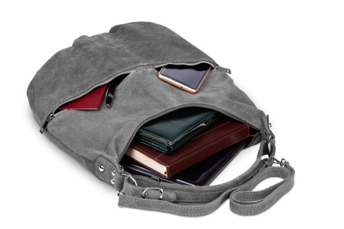 Torba Skórzana Vera Pelle Zamszowy Worek Grafitowa