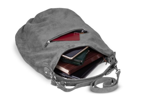 Torba Skórzana Vera Pelle Zamszowy Worek Grafitowa