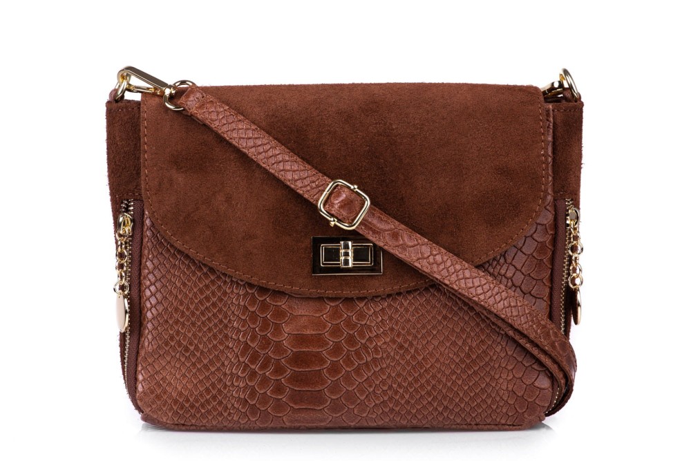 Torebka Damska Skórzana Vera Pelle Łuski Koniak