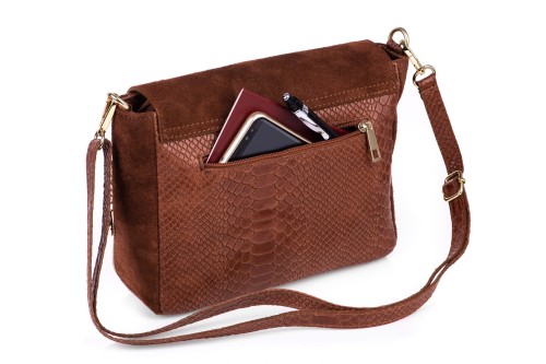 Torebka Damska Skórzana Vera Pelle Łuski Koniak