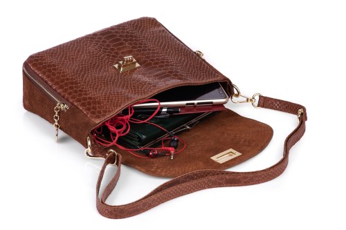 Torebka Damska Skórzana Vera Pelle Łuski Koniak