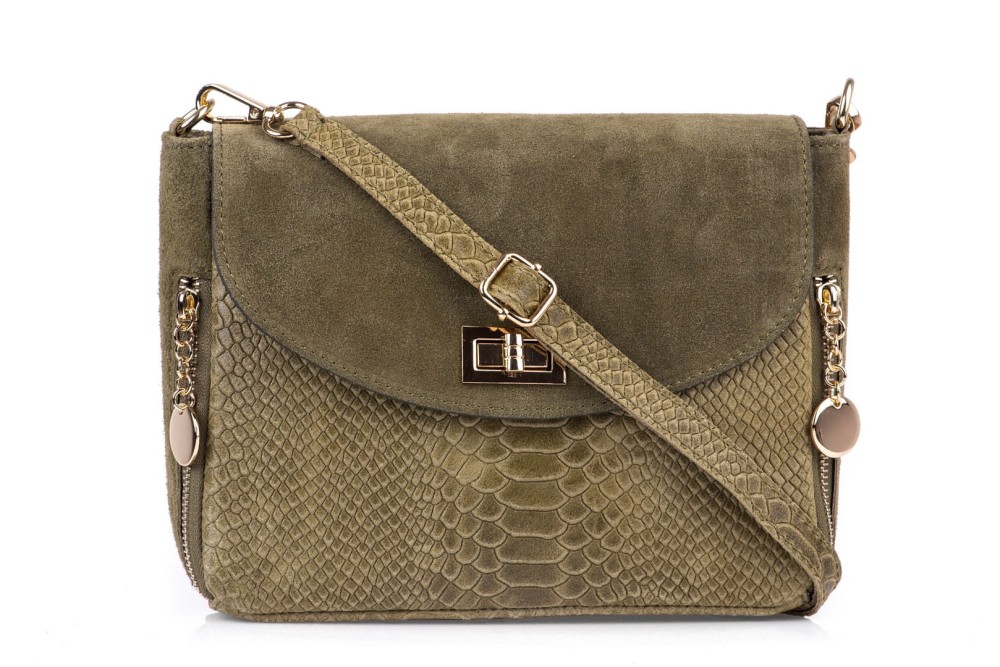 Torebka Damska Skórzana Vera Pelle Łuski Oliwka