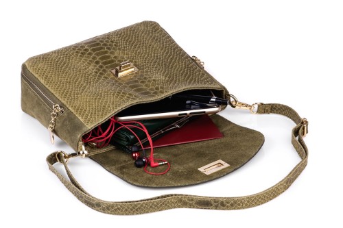 Torebka Damska Skórzana Vera Pelle Łuski Oliwka