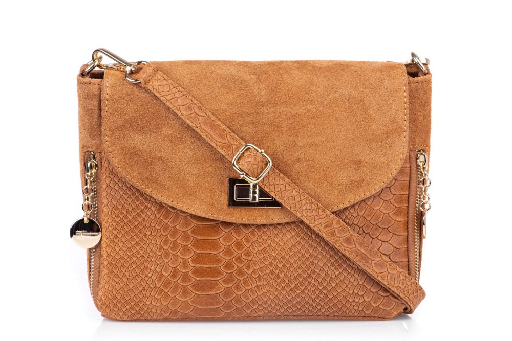 Torebka Damska Skórzana Vera Pelle Łuski Ruda