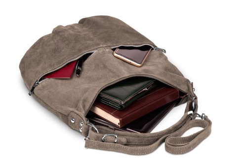 Torba Skórzana Vera Pelle Zamszowy Worek Taupe