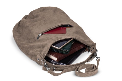 Torba Skórzana Vera Pelle Zamszowy Worek Taupe