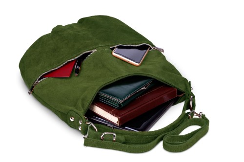 Torba Skórzana Vera Pelle Zamszowy Worek Zielona