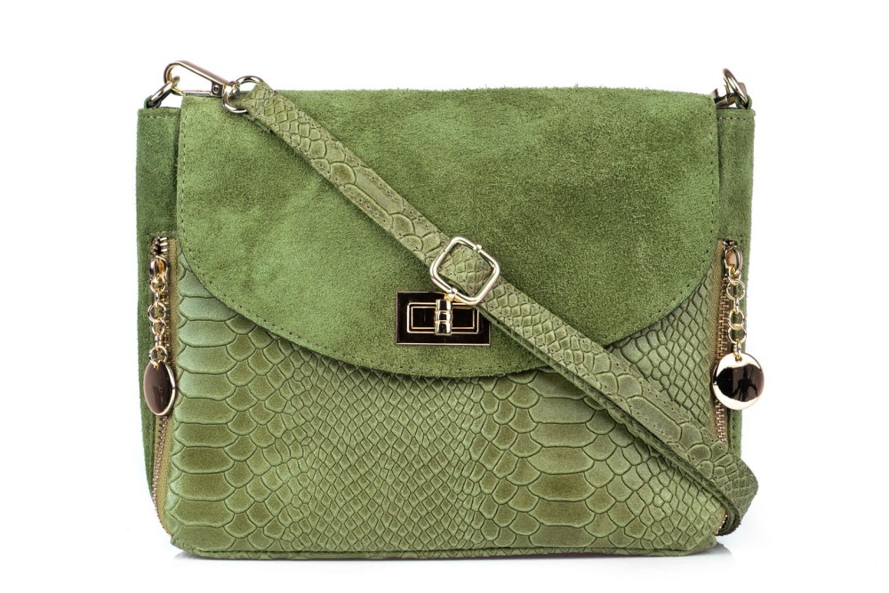 Torebka Damska Skórzana Vera Pelle Łuski Oliwkowa