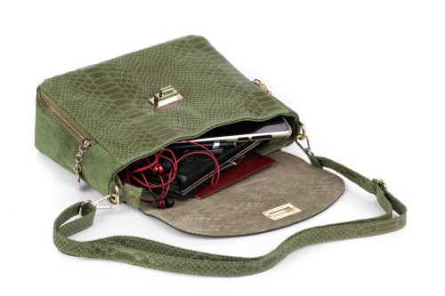 Torebka Damska Skórzana Vera Pelle Łuski Oliwkowa