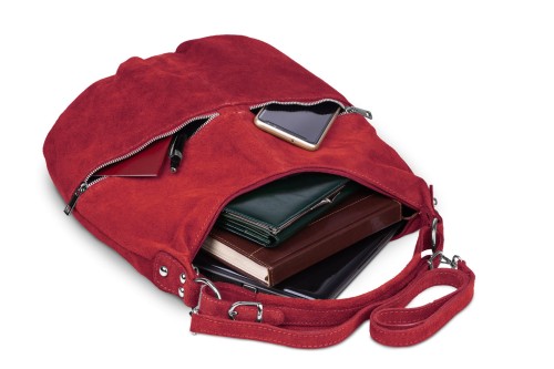 Torba Skórzana Vera Pelle Zamszowy Worek Czerwona